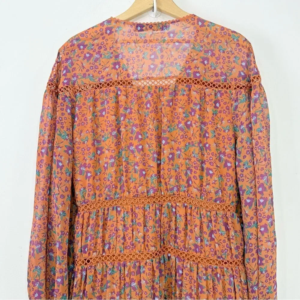 Rebecca Minkoff CADEN Dark Orange Magenta Floral Boho Chic Tiered Peasant Dress - Picture 12 of 16